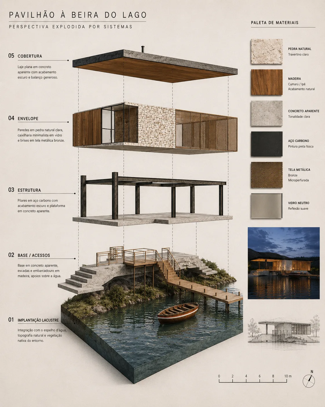 Prancha do Pavilhão à Beira do Lago: perspectiva explodida por sistemas, com paleta de materiais