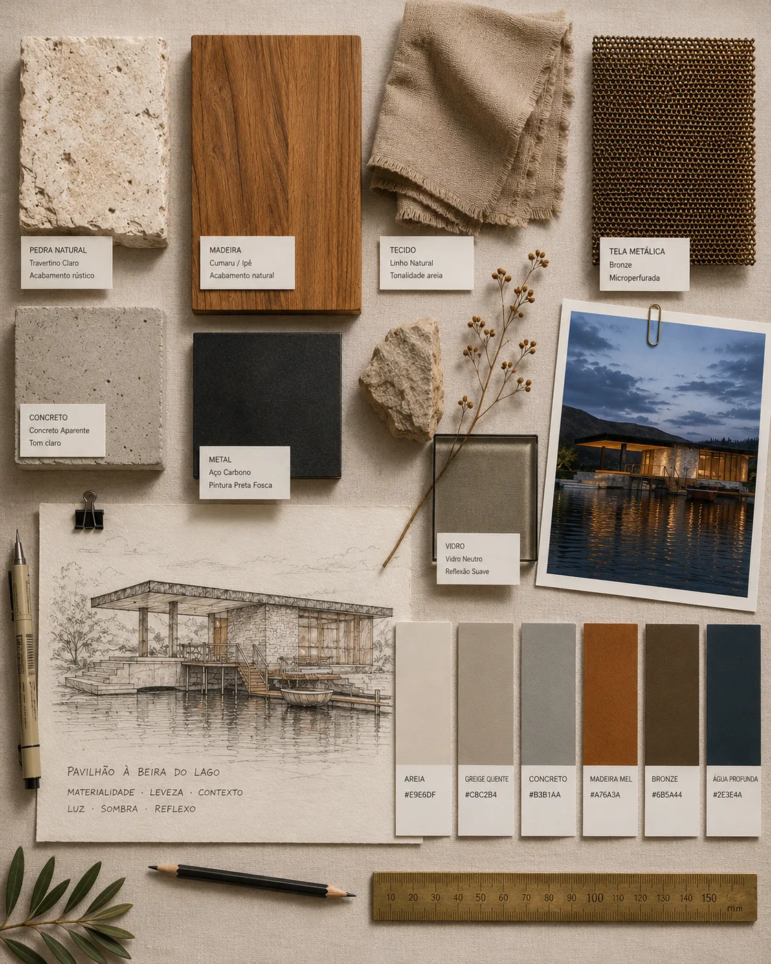 Moodboard de materiais do Pavilhão à Beira do Lago: pedra, madeira, aço, tela metálica e paleta de cores