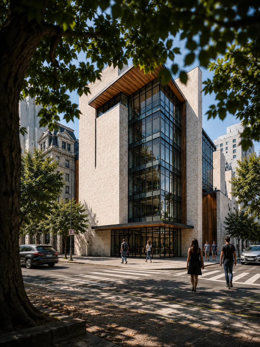 Render final de prédio de esquina, fachada humanizada